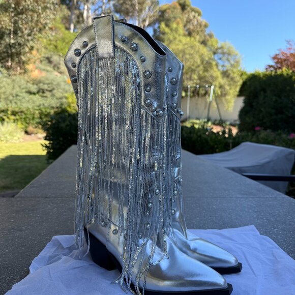 Metallic Sequin Fringe Boots - Silver - Picture 4 of 6